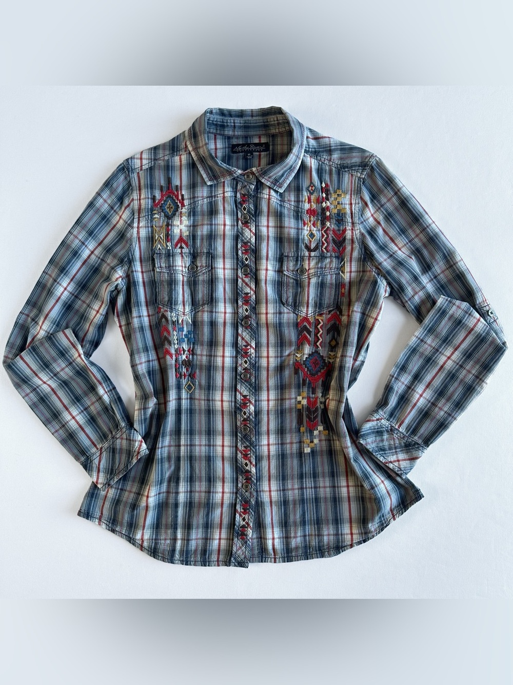 Western Embroidered Blue Red Plaid Button Up Retro Cowgirl Shirt with Darts